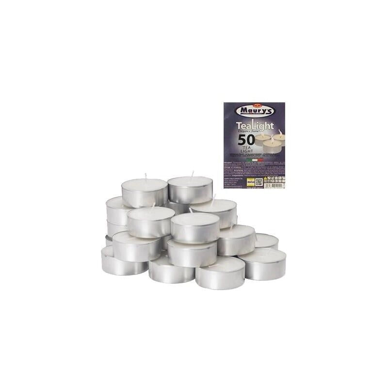 MAURY'S CANDELINE TEA LIGHT 50PZ BIANCHE SENZA PROFUMO BASE IN METALLO