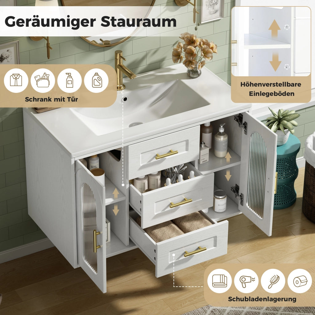 Mobile sottolavabo sospeso con lavabo in MDF e vetro LED, 2 cassetti, ripiani regolabili, bianco 76 × 46 × 55 cm