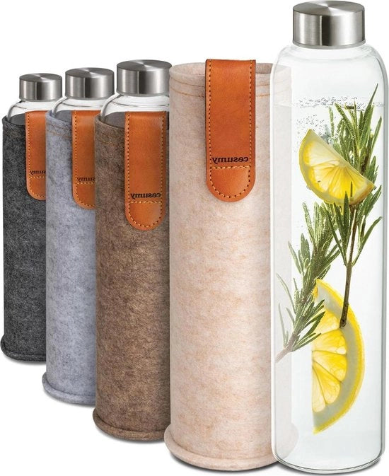 Flessa di vetro con rivestimento in velluto - 750ml - Lekvrij - Resistenti ai lavastoviglie - BPA-free - Bebidi con acido carbonico - Beige.