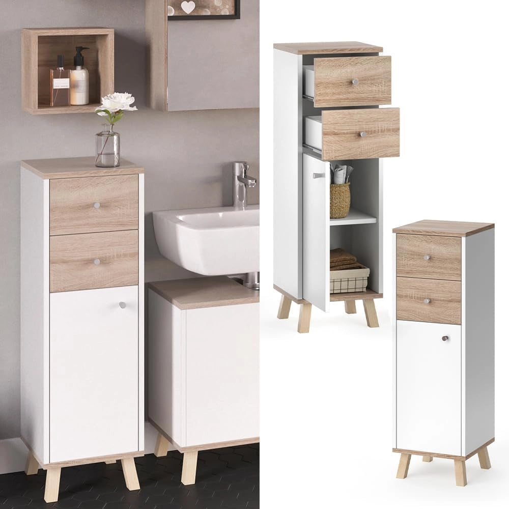 Mobiletto bagno Senyo, Bianco, 30 x 95 cm con cassetti, adatto al montaggio a parete e combinabile con mobili Senyo