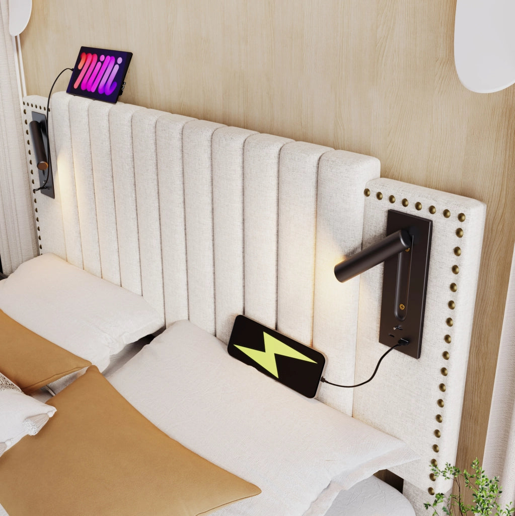 Letto matrimoniale contenitore 140x200 cm in cotone beige con testiera regolabile; luci lettura e USB