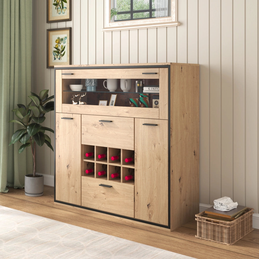 Credenza con 2 Ante; Portabottiglie e Divisorio in Vetro; LED 16 Colori; in Pannelli di Particelle; Naturale; 110¡Á38¡Á111 cm