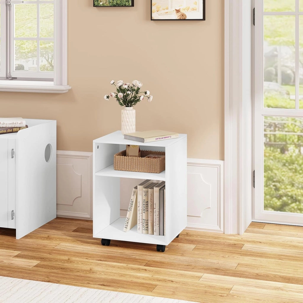 Set di 2 Comodino Tavolino con Ruote, Mobile Porta Stampante con 2 Scomparti Aperti, Comodino Bianco per Camera da Letto, Salotto, Ufficio, in Legno, 40x35x55cm, 0008CTG-2