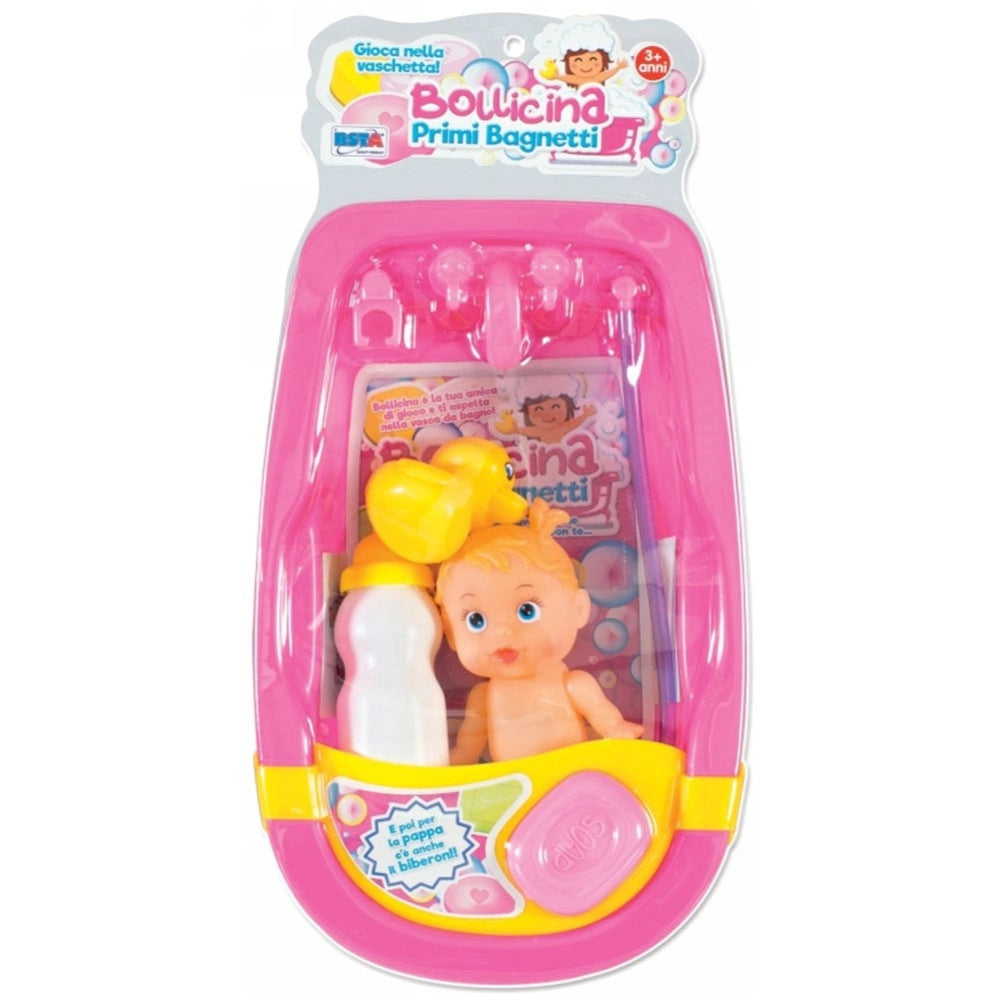 Trade Shop - Bambola Bollicina Primi Bagnetti Con Vaschetta Biberon Accessori Bagnetto -