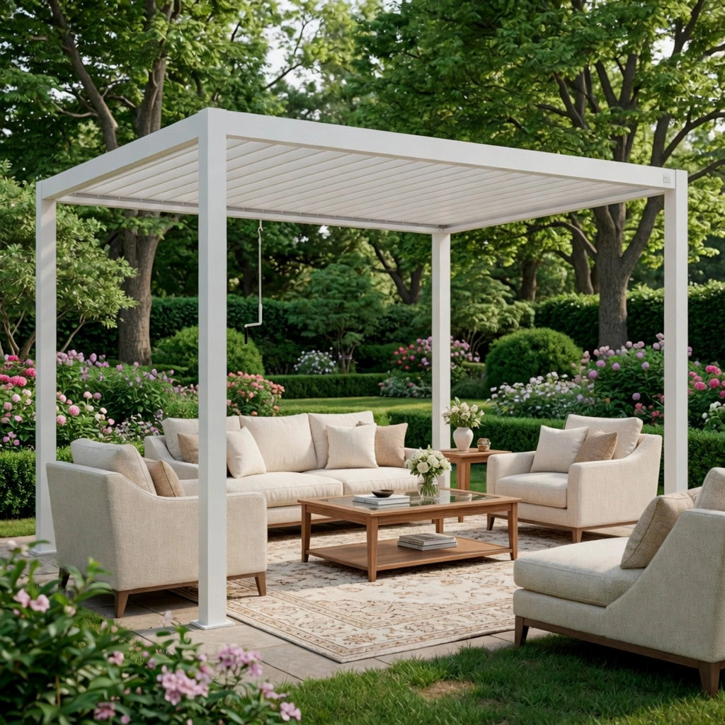 Pergola Bioclimatica 3x4 Metri Gazebo Con Tetto A Lamelle Orientabili Sistema Di Drenaggio Struttura In Acciaio E Alluminio Resistente Ai Raggi UV Per Giardino Terrazza E Piscina Bianco Opaco
