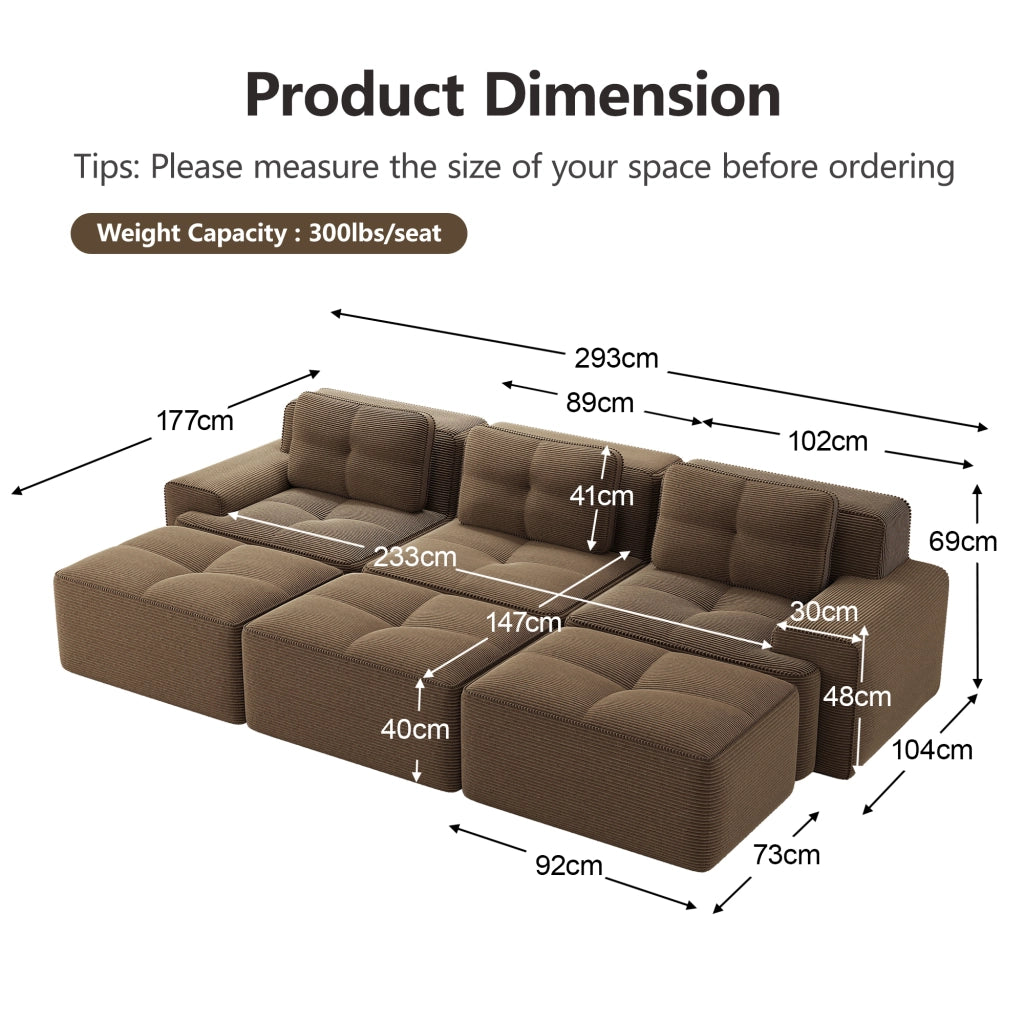 Divano Angolare Modulare con Schlaffunktion ¨C MINIMAL ¨C Tessuto Corduroy Marrone, 3 Posti, 3 Pouf