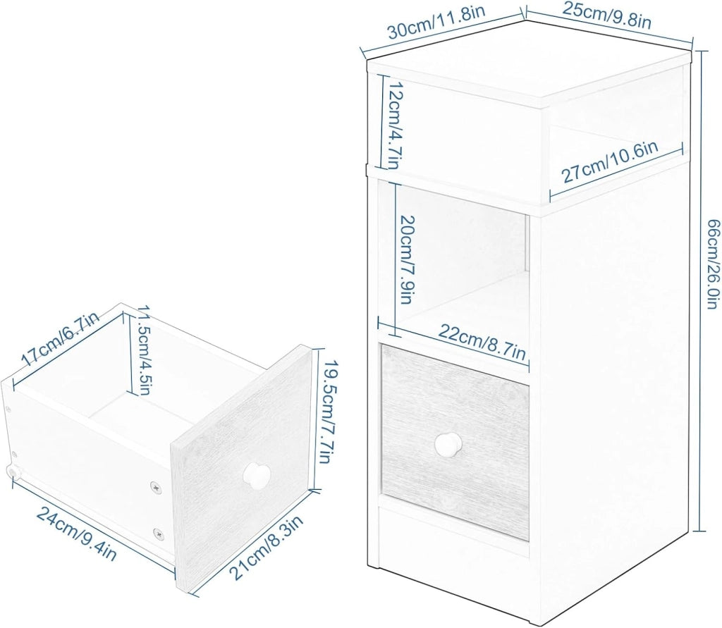 Set di 2 Comodino Stretto, Comodino con 2 Scomparti a Giorno e Cassetto, Tavolino da Notte 25x30x66cm, Mobile Salvaspazio per Camera da Letto, Soggiorno, in Truciolato, Rovere, 0011CTG-2-FL
