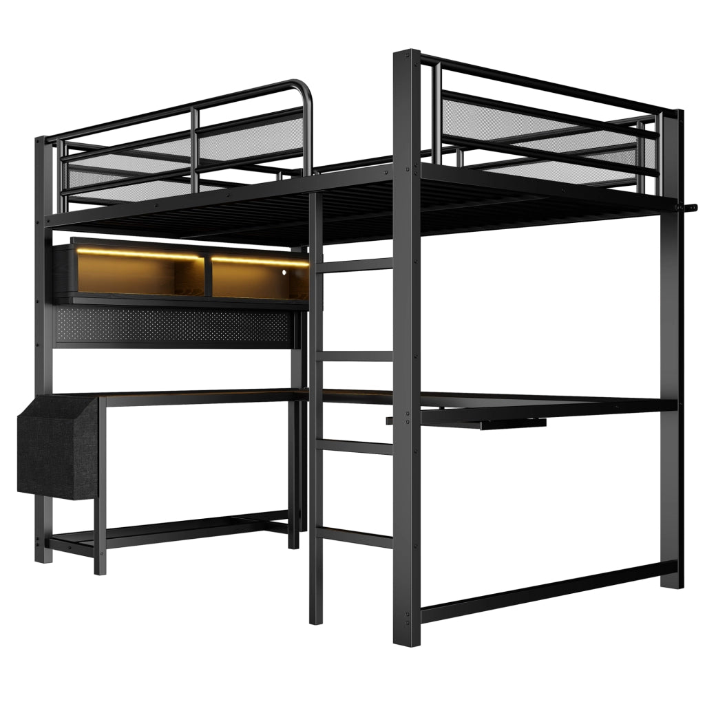 Letto a soppalco 140x200 cm con scrivania, LED, ripiani e stazione di ricarica