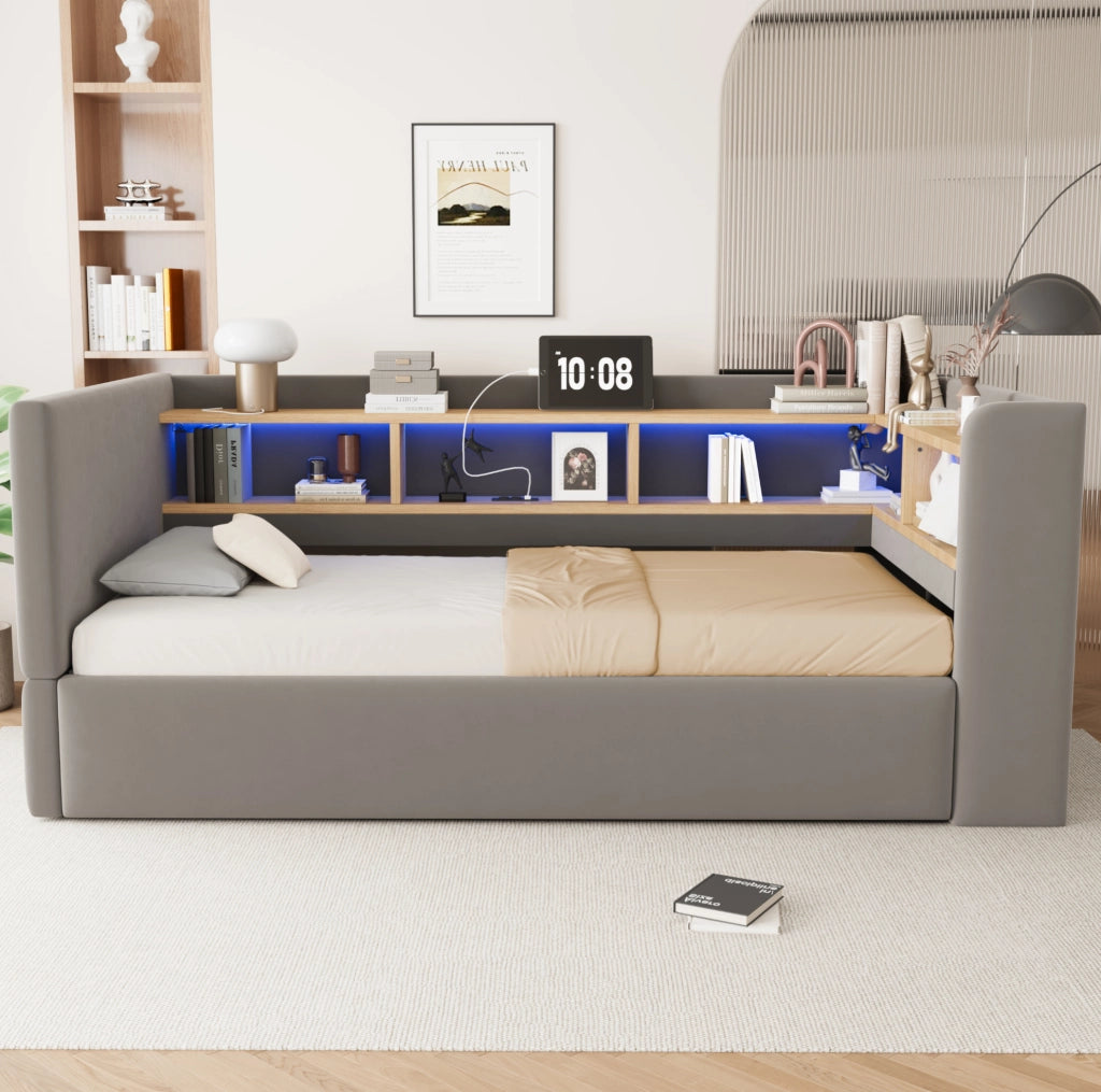 Divano letto imbottito 90x190 cm con vano contenitore; LED e prese; grigio scuro