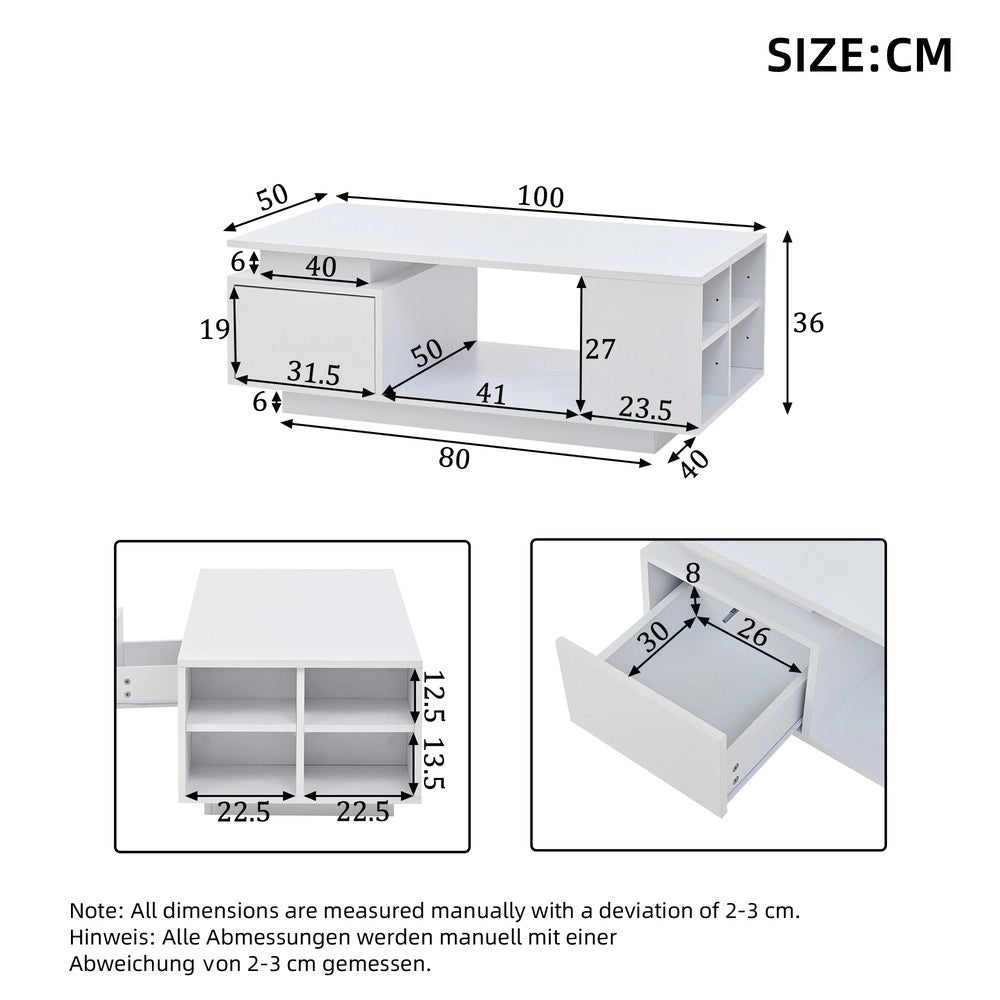 Tavolino da Caff¨¨ con Cassetto e LED ¨C MINIMAL ¨C Bianco Lucido, 100x50x36