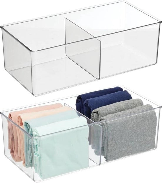 Cassetto di archiviazione con 2 compartimenti – organizzatore di cassetti per la camera da letto – sistema di archiviazione ideale per abbigliamento e accessori realizzato in plastica BPA-free – set da 2 – trasparente