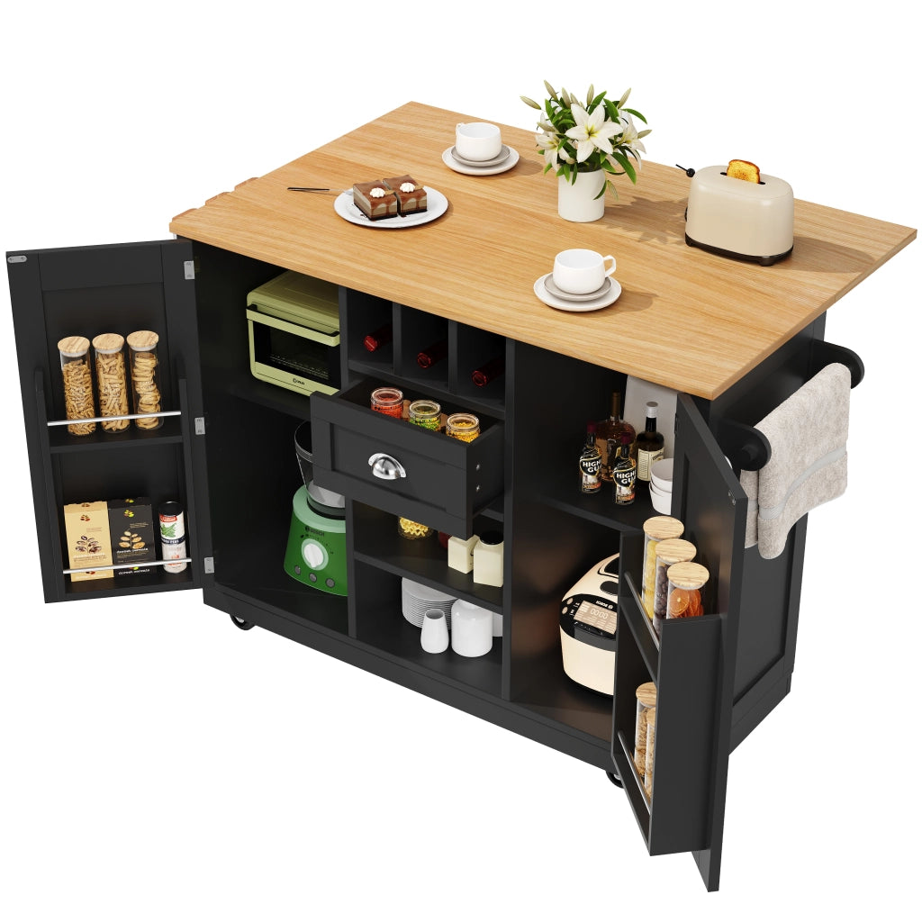 OKWISH Carrello da Cucina con 2 Ante e 1 Cassetto, Portaasciugamani, Portabottiglie e Ruote, per Cucina, Nero