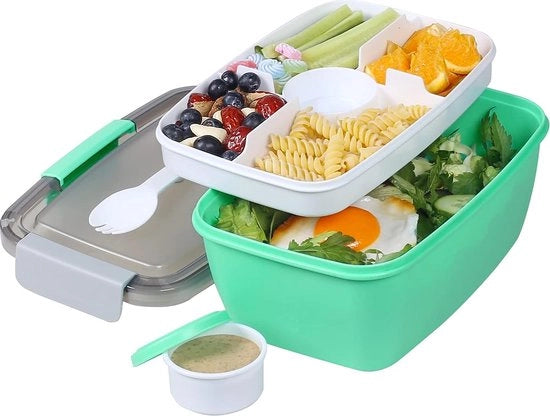 Contenitore di plastica PP, Bento Box con 5 contenitori, con contenitore per frutta per bambini e adulti, 2 litri, impermeabile, con coperchio, lavabile in lavastoviglie e microonde (verde)