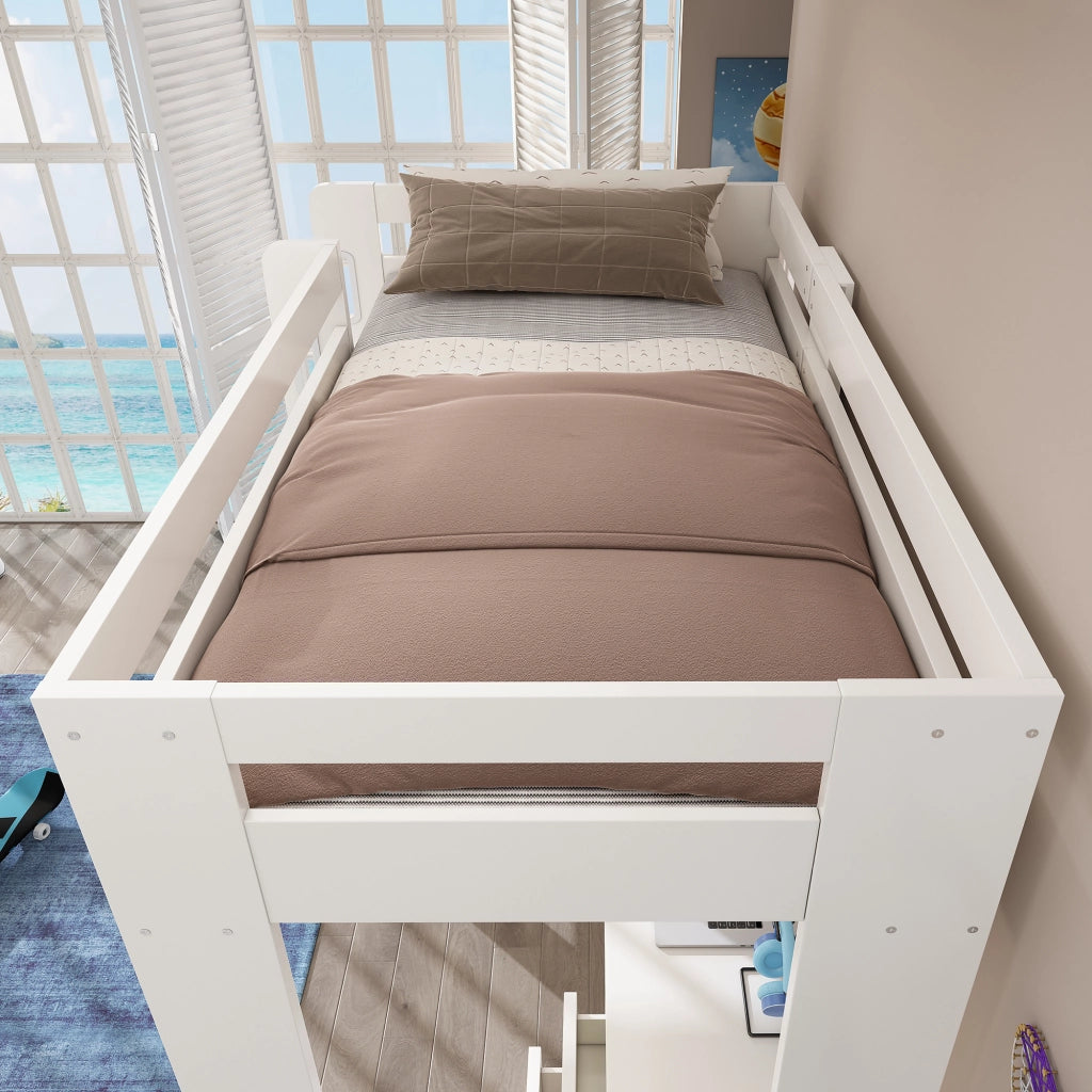 LETTO A CASTELLO 90x200 cm con scrivania USB/Type-C, armadi e scala, bianco