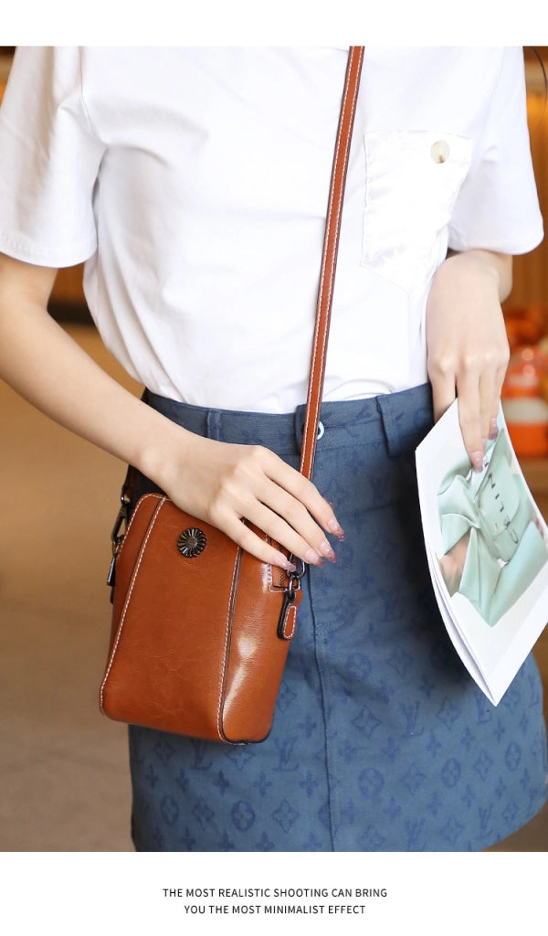 Borsa a tracolla da donna in vera pelle, mini borsa marrone