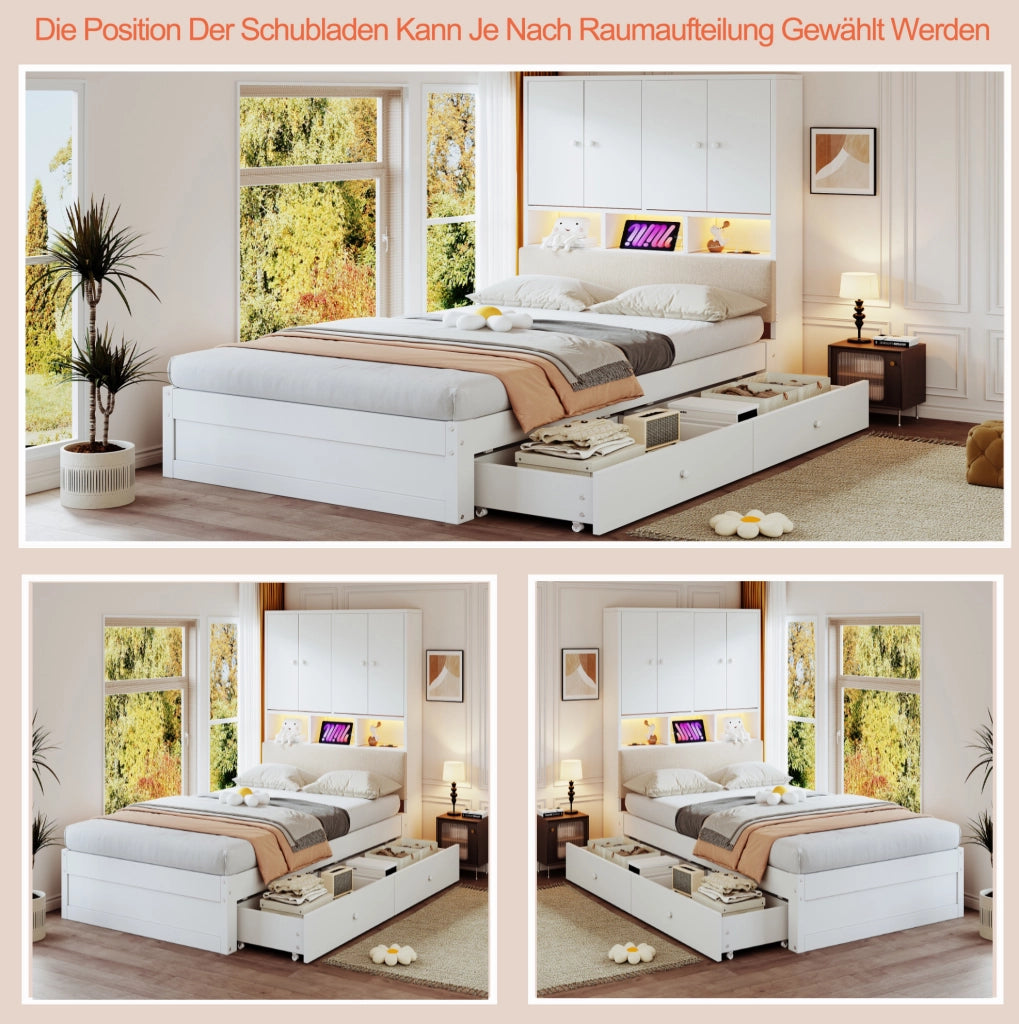 Letto singolo multifunzione 90x200 cm con LED e cassetti bianco