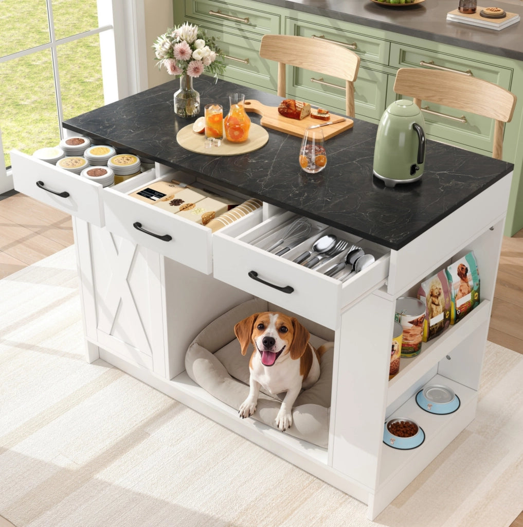 Isola da cucina bianca con 3 cassetti e vano per animali