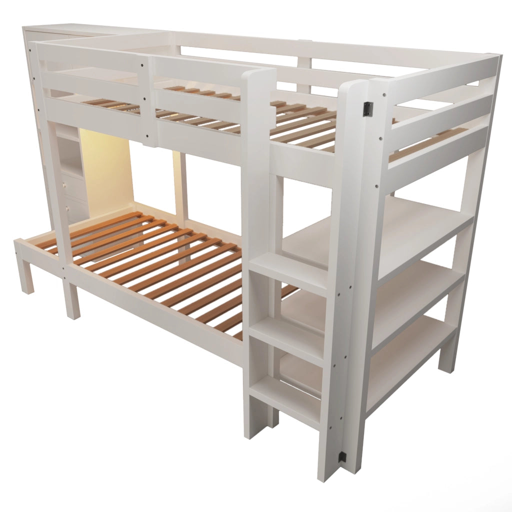 Letto a Castello 90x200 cm con LED; Armadio; Ripiani e Cassetti in Metallo e Legno Bianco