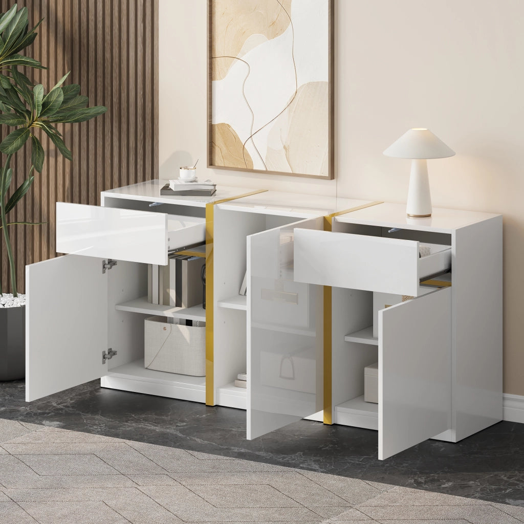 Credenza con 3 ante e 2 cassetti; ripiani regolabili - per soggiorno - 160×40×78 cm - bianco