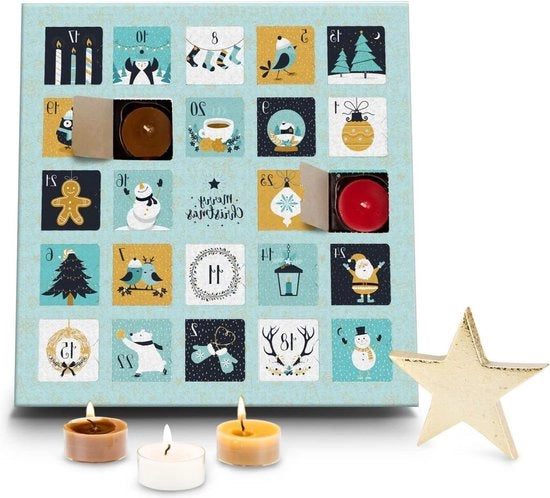 Cadeau 2022 - Calendario di Avvento con 24 candele a olio - 30x30x2 cm