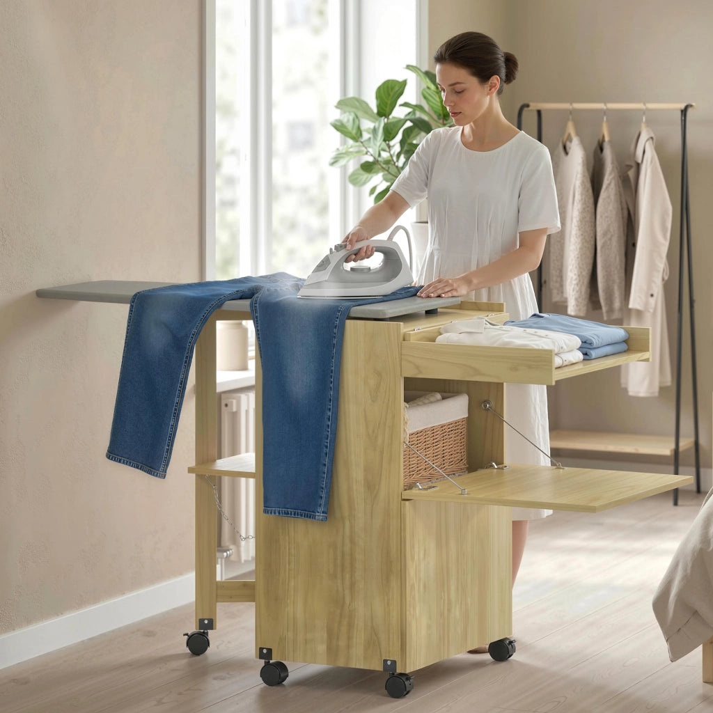 Mobile Asse da Stiro Pieghevole con Porta Ferro e Indumenti con Vano Aperto.154x55x87 cm. Legno Naturale
