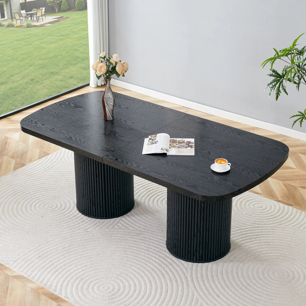 Tavolo da pranzo per 6-8 persone con piano ovale e base scanalata; stile wabi sabi; in MDF; nero; 180×90×76 cm