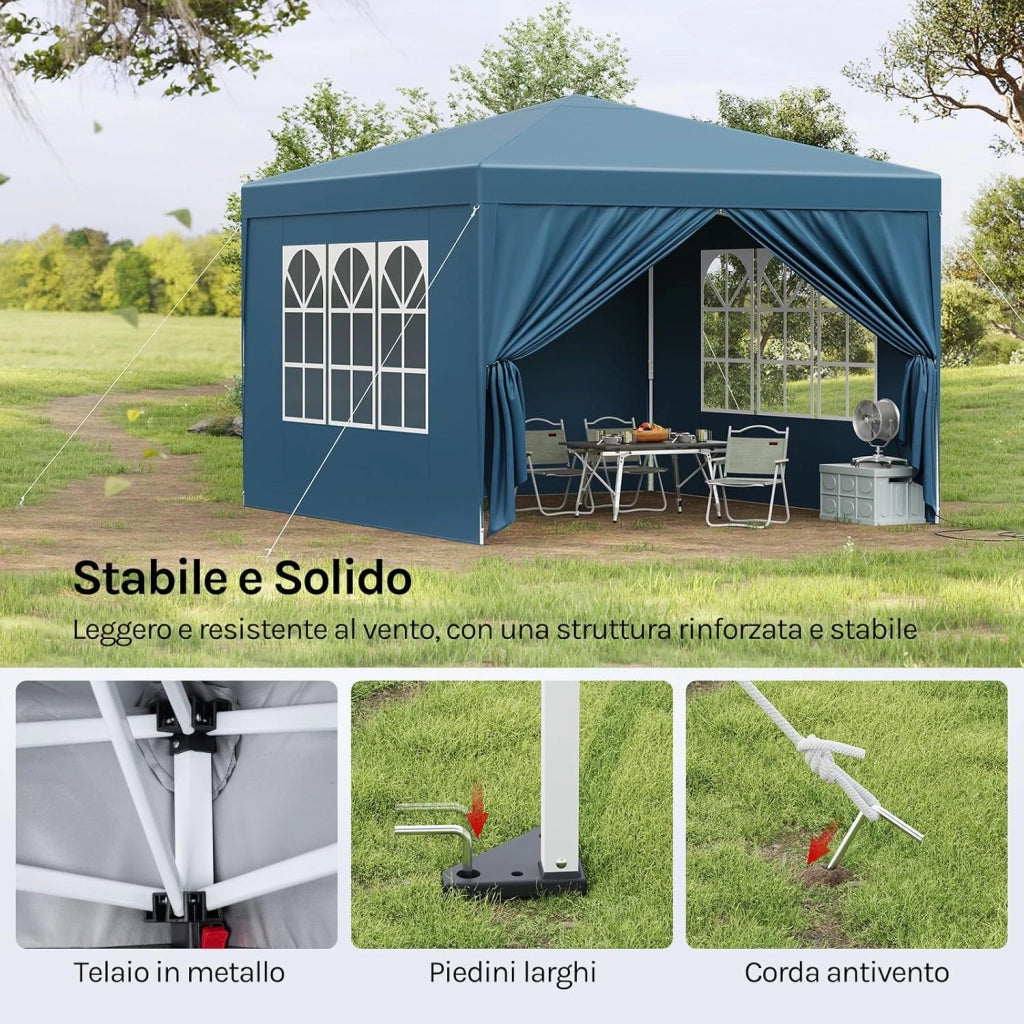 Gazebo da Giardino Richiudibile 3x3m Gazebo da Esterno Ferro Regolabile in Altezza Tendone Pieghevole con Telo Idrorepellente, Protezione Solare, Facile Montare Blu