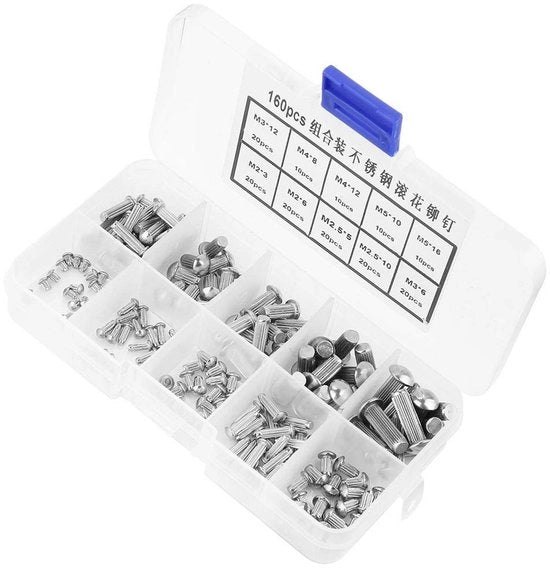 Set di chiodi in acciaio inossidabile 160 pezzi - Chiodi a testa a guscio - Assortimento M2-M5 - Duraturo - Scatola di conservazione in plastica