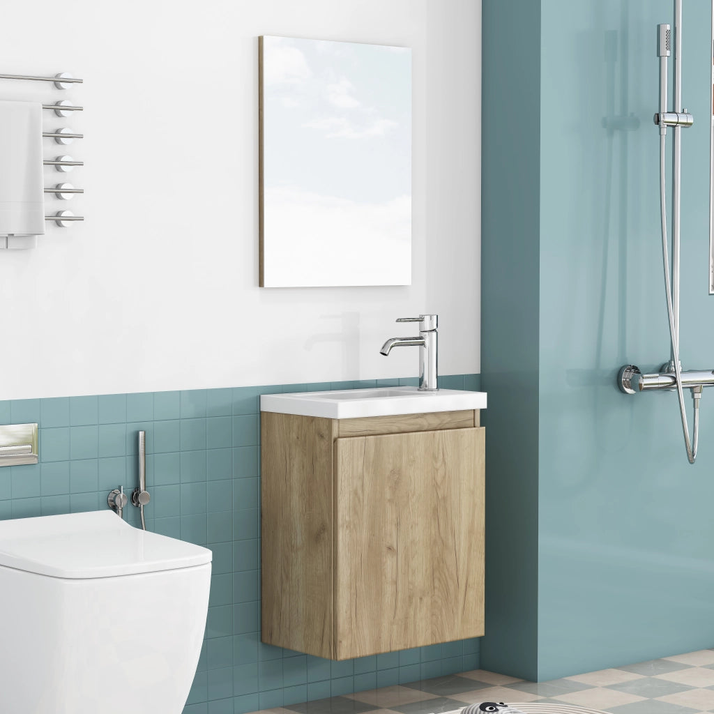 Mobile bagno sospeso con lavabo in ceramica e specchio; chiusura ammortizzata; per bagno; rovere; 45×34×58 cm