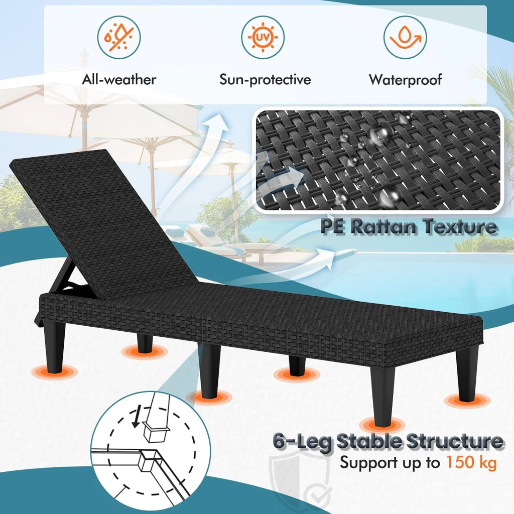 Lettino Prendisole con Schienale Reclinabile in 3 Livelli, Sedia a Sdraio da Spiaggia in Rattan PP, Lettino da Giardino per Esterno, Piscina, Max Portato 150 kg, Nero (Con Cuscino Grigio)