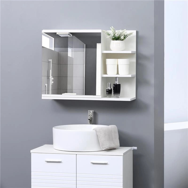 SPECCHIERA BAGNO A PARETE CON ANTA E 3 RIPIANI LATERALI IN LEGNO, 60X18X50CM, BIANCO