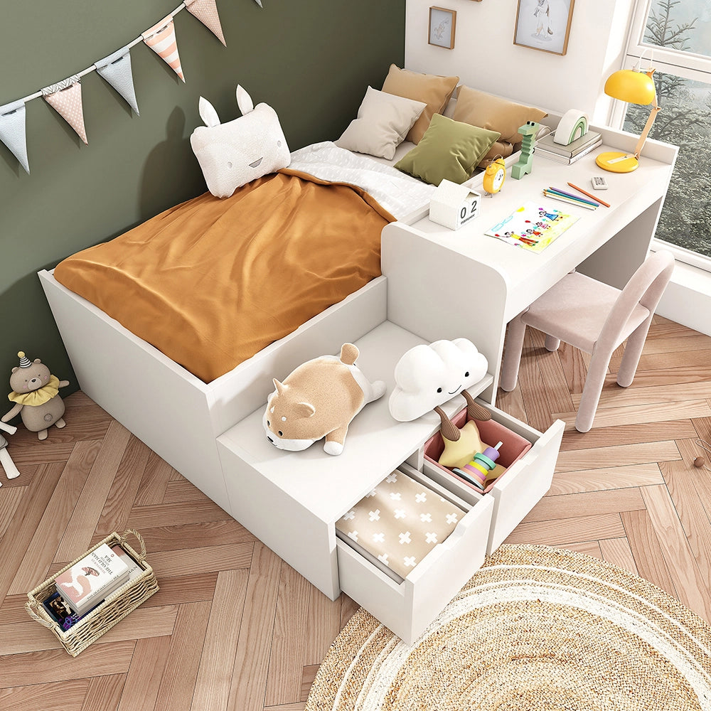 Letto singolo per bambini con scrivania e cassetti - Xylo - 90x200 cm - Bianco - Con rete a doghe