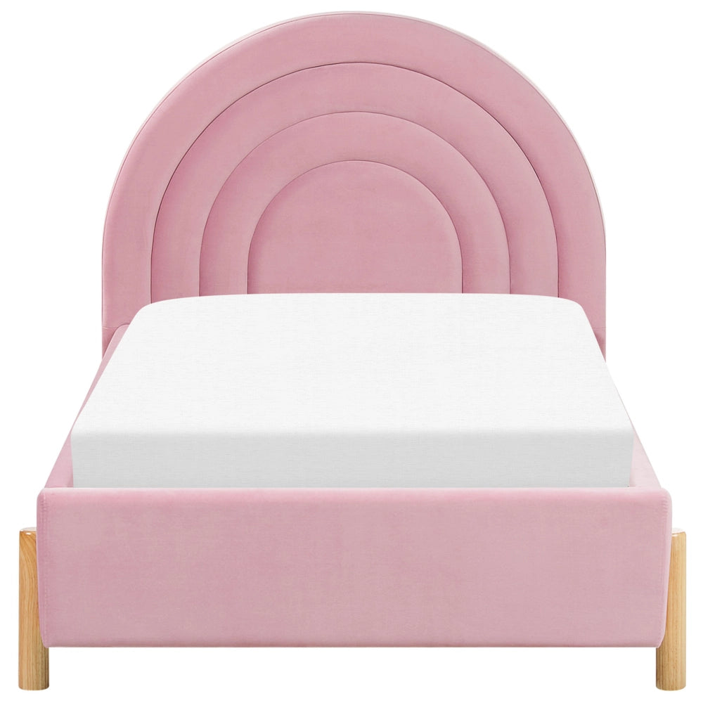Letto con Contenitore in tessuto bouclè rosa, Misura Singola 90 x 200 cm Design Minimalista Retro con Testiera a Mezza Luna