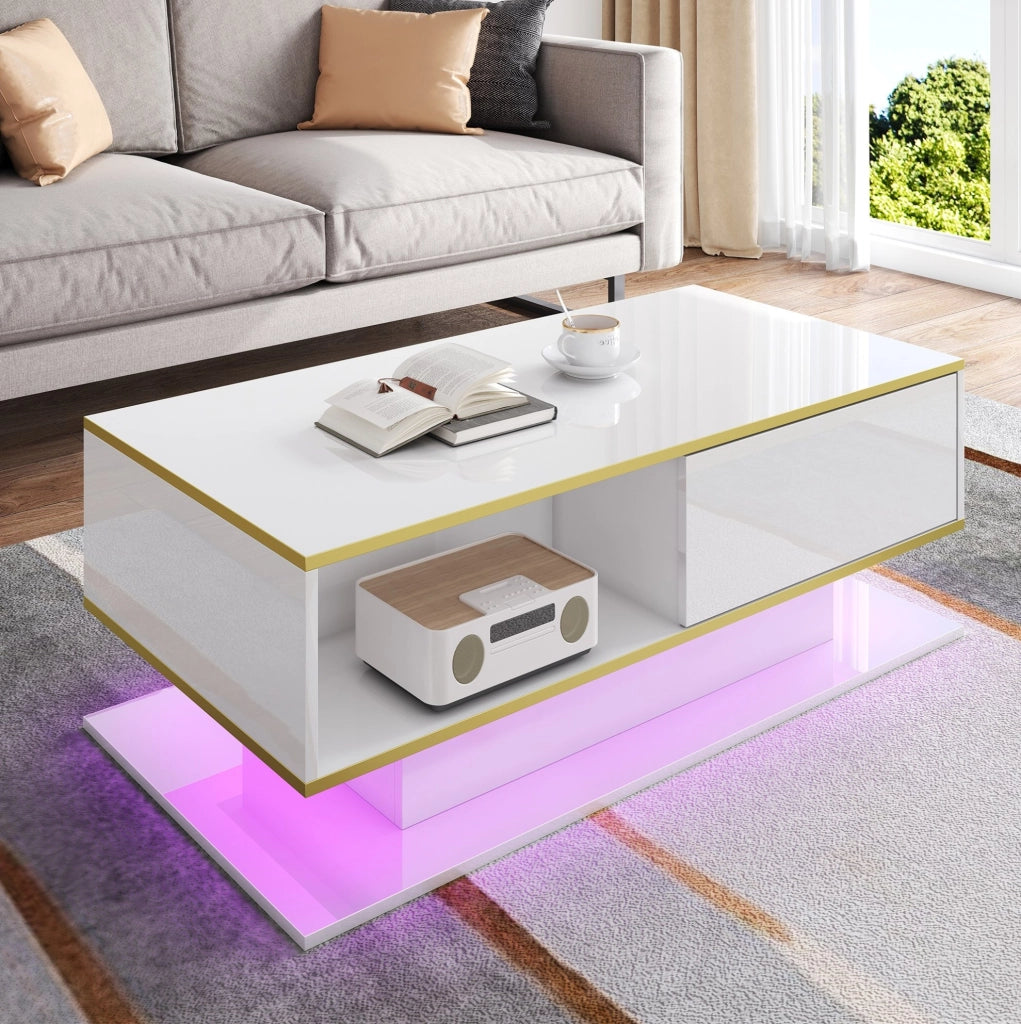 Tavolino da caffè bianco lucido con LED, 3 cassetti e dettagli oro