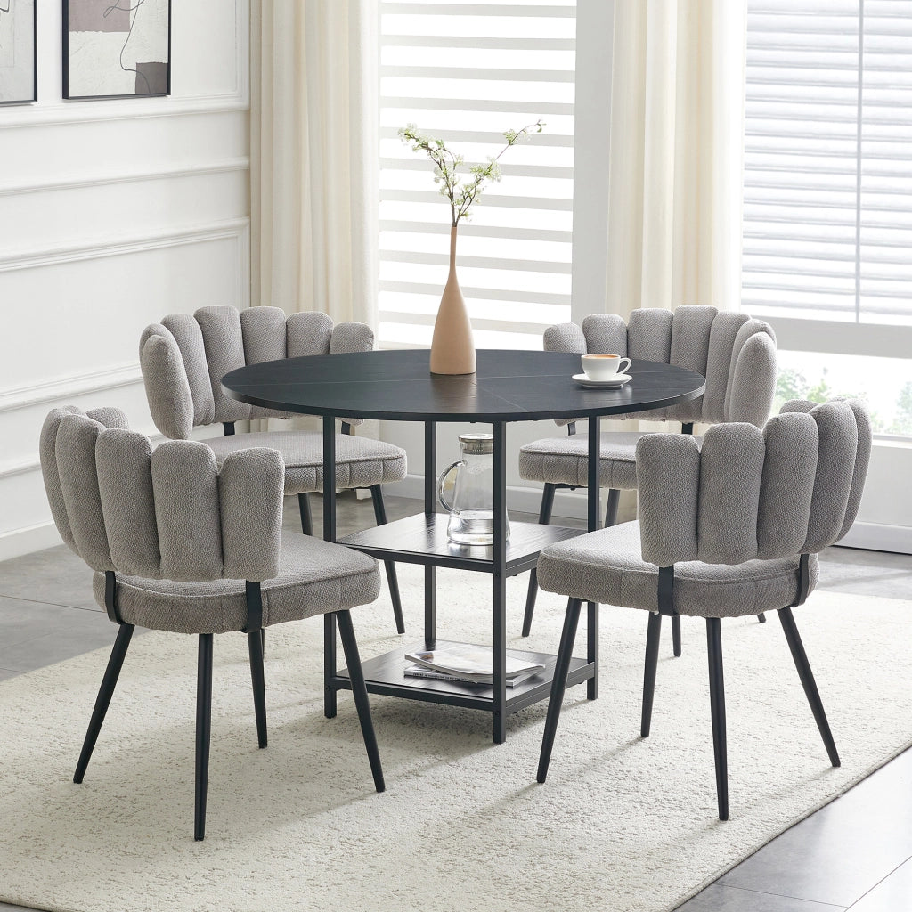 Set tavolo da pranzo e sedie con 1 tavolo rotondo e 4 sedie; 2 ripiani; in tessuto grigio; MDF e metallo nero