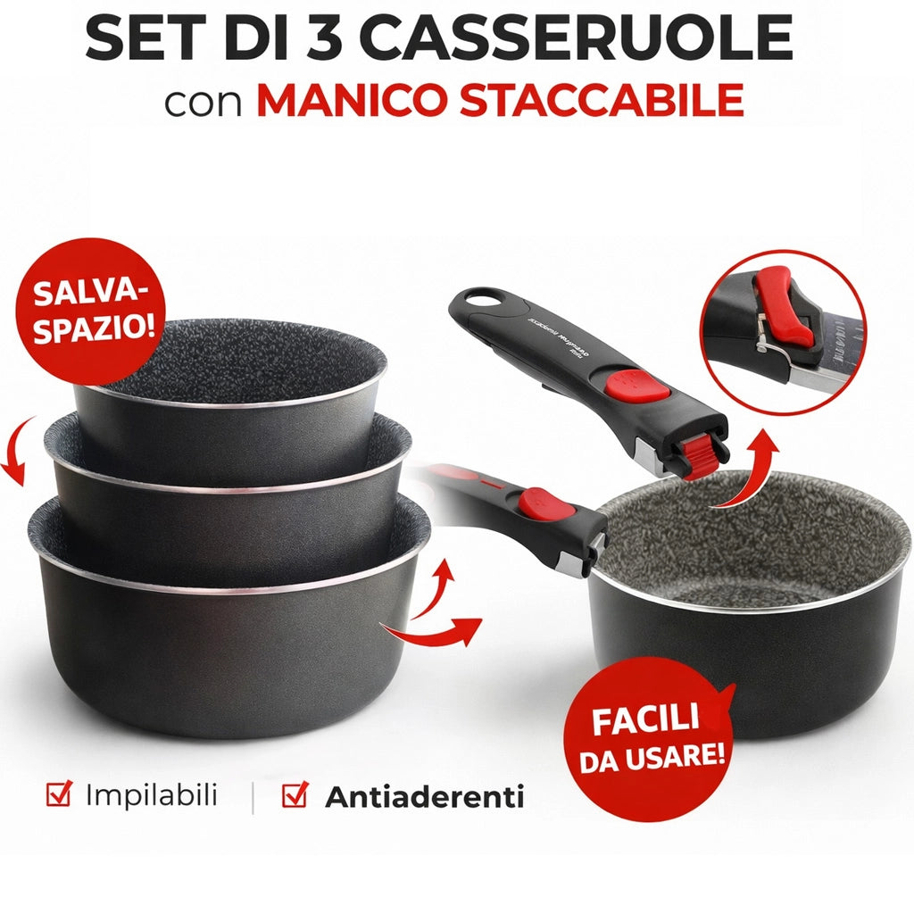 3x Casseruola 16 18 20 Amovible Accademia Mugnano Antiaderente Manico Rimovibile