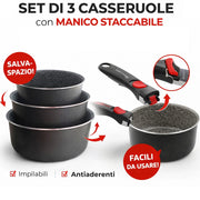 3x Casseruola 16 18 20 Amovible Accademia Mugnano Antiaderente Manico Rimovibile