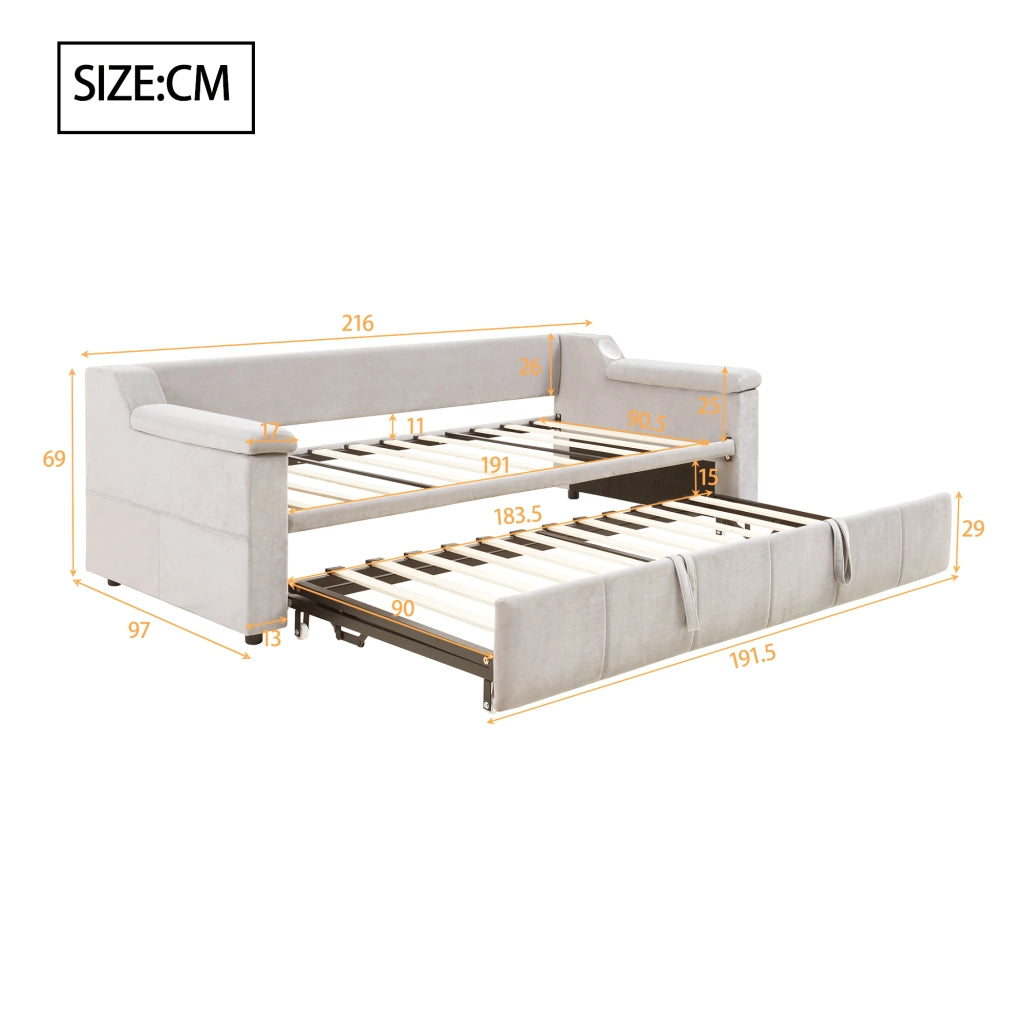 OKWISH Letto a Scomparsa 90×190 cm, Letto Singolo con Bluetooth, USB, Vani Portaoggetti e Braccioli, senza Materasso, Beige