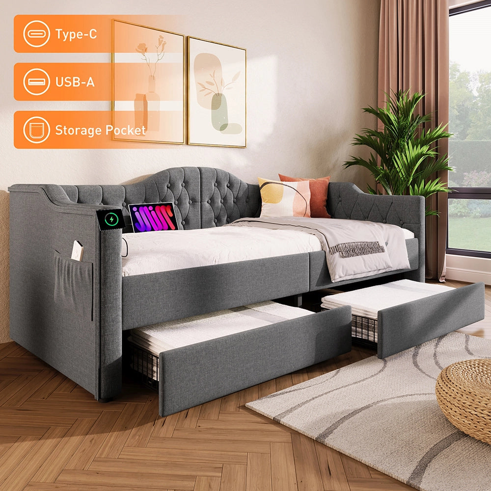 Letto a sedia con cassetti - Xylo - 90x190 cm - Grigio - USB Type C