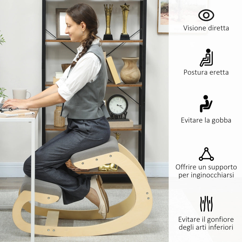 Sedia Ergonomica con Inginocchiatoio e Reclinabile, in Tessuto Effetto Lino e Legno, 55x85x55 cm, Grigio Chiaro