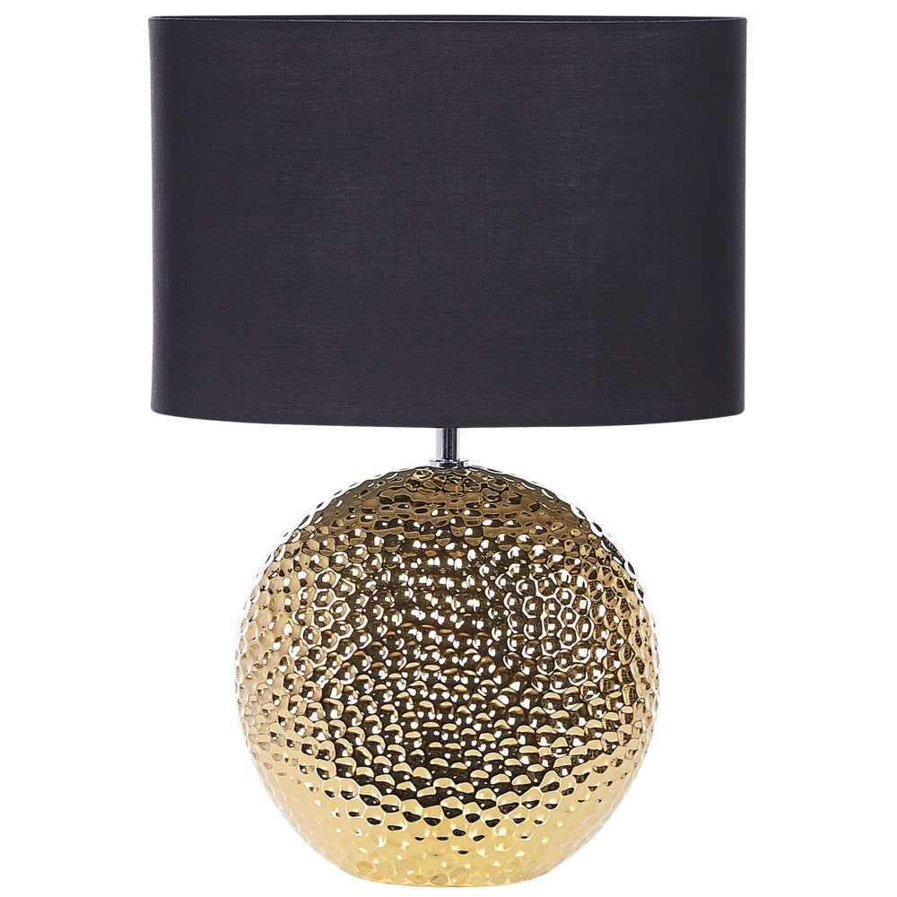 Lampada da Tavolo dorato e Nero Ceramica Base Lucida Paralume Tamburo in Poliestere Design Glamdoratous