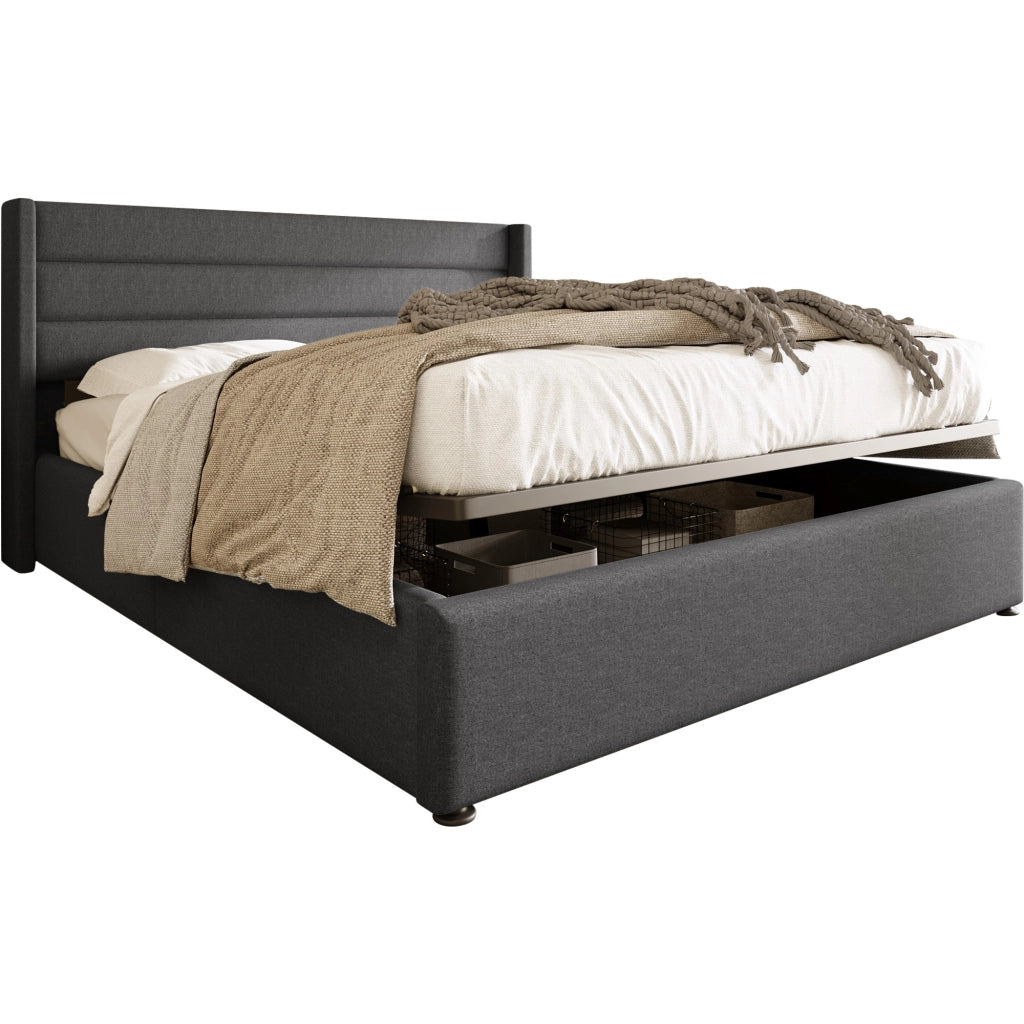 Letto Contenitore Letto Matrimoniale 140×200 cm con Testiera Imbottita e Vano; senza Materasso; Lino; Beige