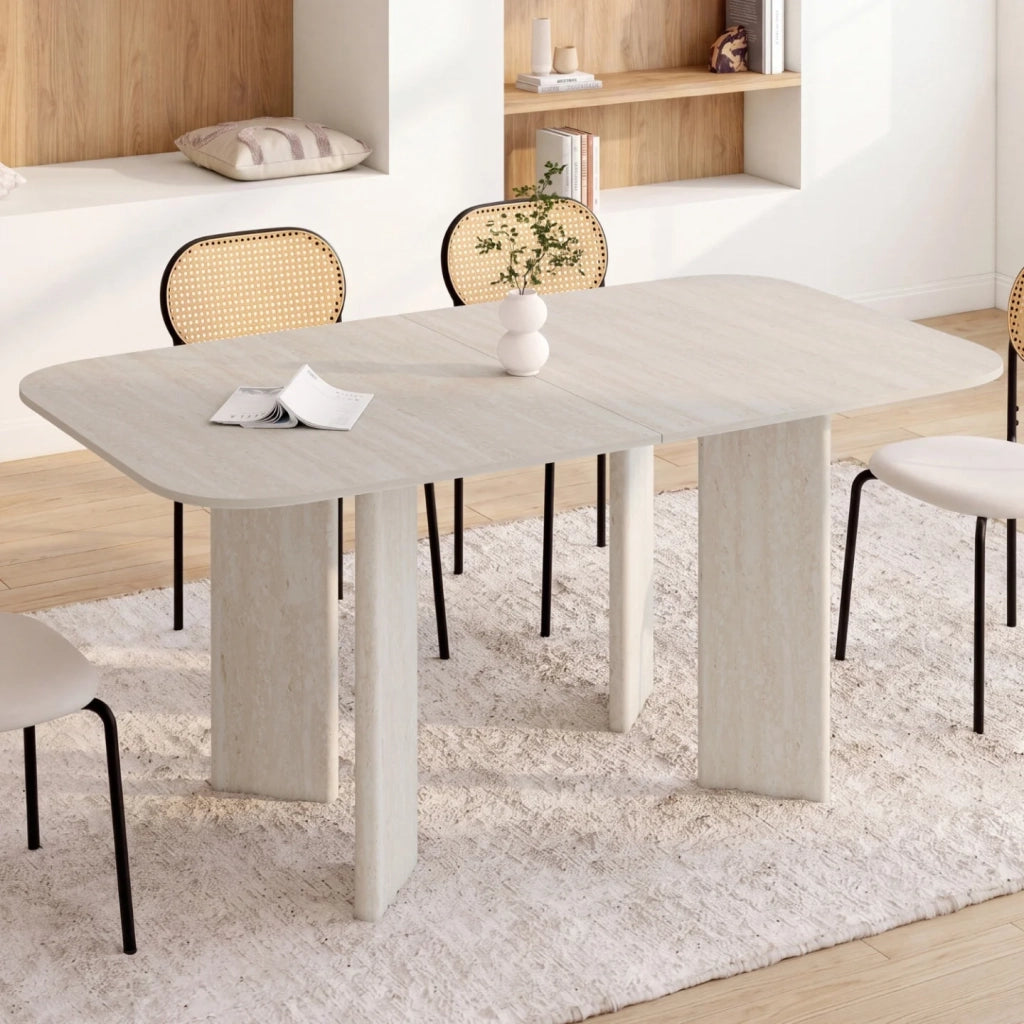 IDMarket - CAPUCINE Tavolo da pranzo rettangolare rotondo allungabile per 6-10 persone con 4 gambe arrotondate in stile travertino 160-200