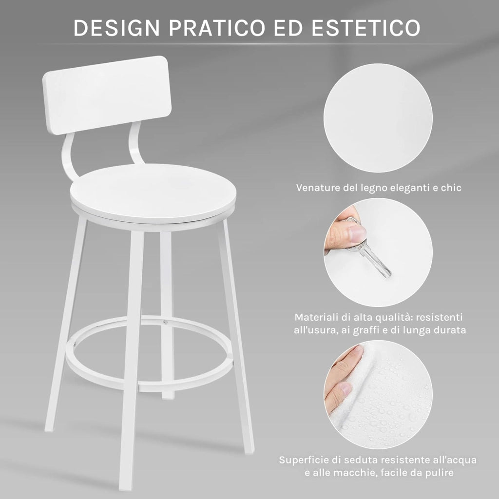 Sgabelli Cucina Set di 2, Sgabelli da Bar per Colazione, con Poggiapiedi e Schienale, Struttura in Metallo, Bianco
