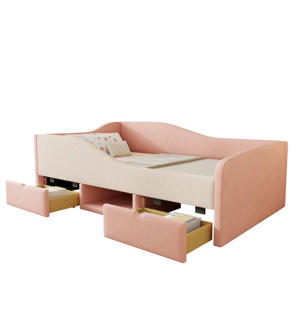 Letto imbottito per bambini 90x190 cm in velluto rosa e bianco; con sponde e contenitore
