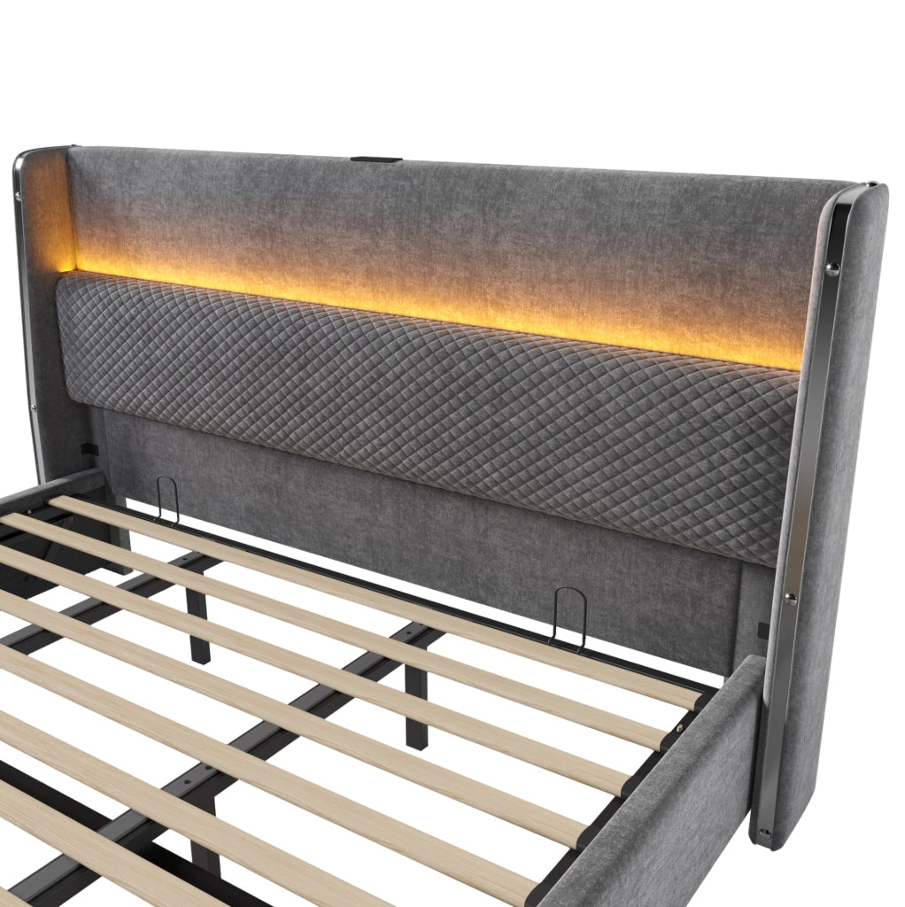 Letto contenitore 180x200 cm con testiera alta; LED e prese USB/Type-C in lino grigio