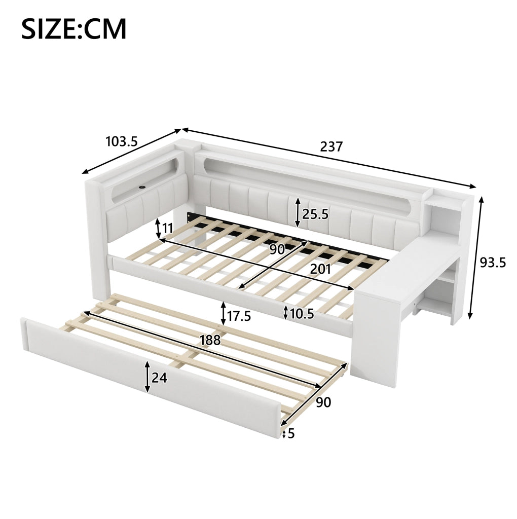 Letto 90x200 cm con letto estraibile; LED e USB in MDF; compensato e imbottito bianco