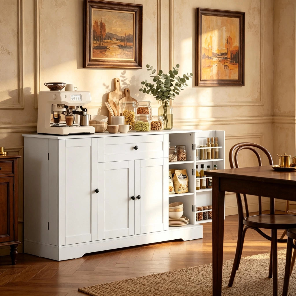 Credenza e madia con cassetto, 3 ante e ripiani regolabili, per cucina e soggiorno, in MDF, bianco, 140 × 40 × 80 cm