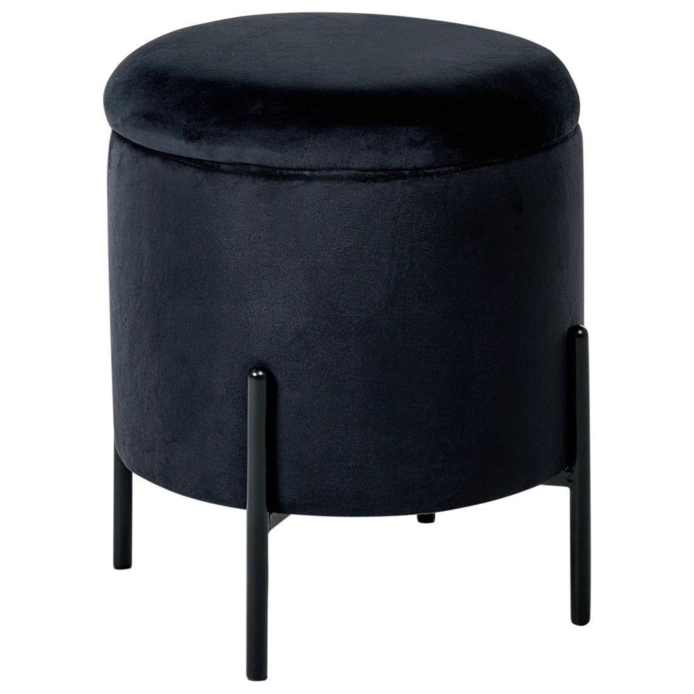 Pouf contenitore con seduta in tessuto velluto e base in legno poggiapiedi rotondo tavolino nero