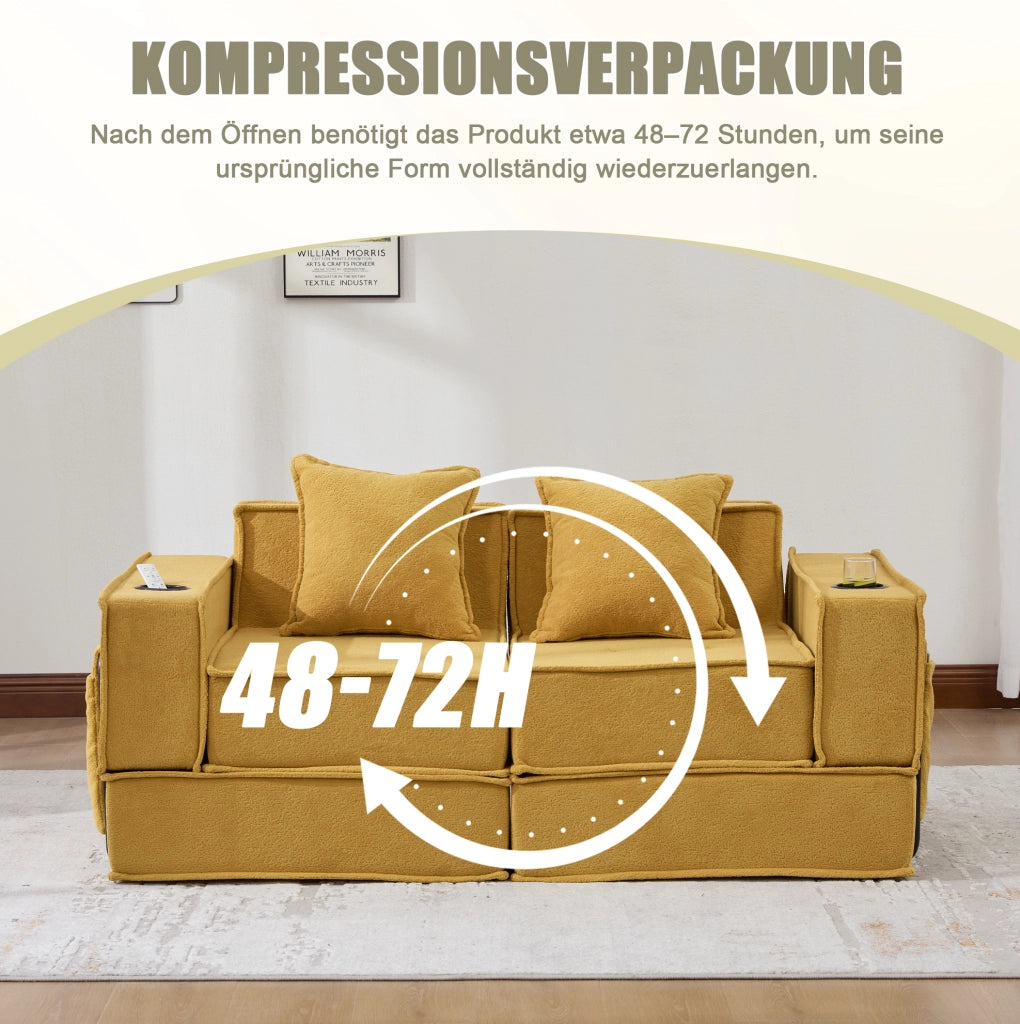 Pouf divano modulare in ciniglia giallo senape 162x78x66 cm con 2 cuscini e tasche laterali